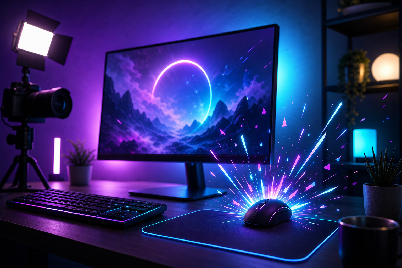 Neon desktop where HyperClick velocity makes the cursor trail explode